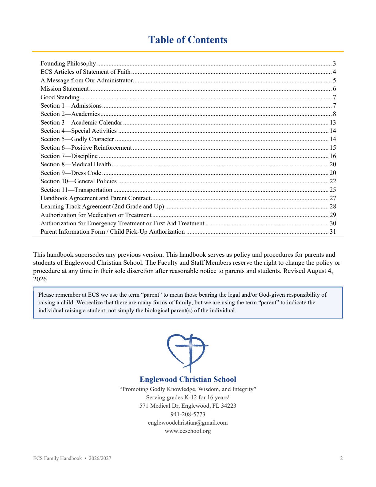 Family Handbook 2026-27, page 2 of 31