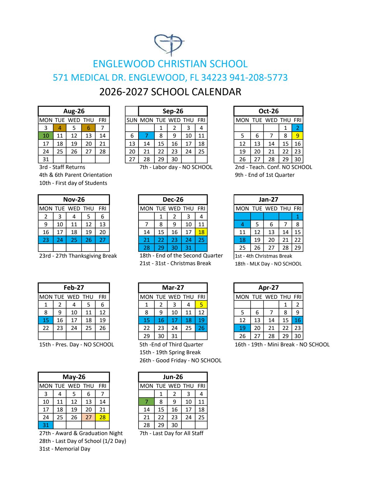 2026-2027 school calendar