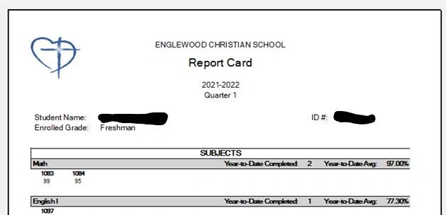 Sample report card from Englewood Christian School for a freshman student